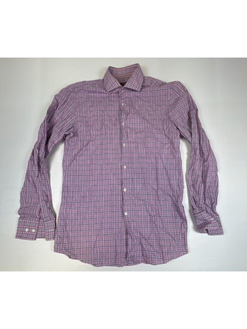 Hugo Boss Men Size 16 34/35 Slim Fit Purple Plaid Long Sleeve Button Down Shirt